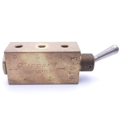 Used Clippard FTV-3 Three-Way 5 Port Toggle Valve, #10-32 Thread, 150 PSIG, 295 Lpm