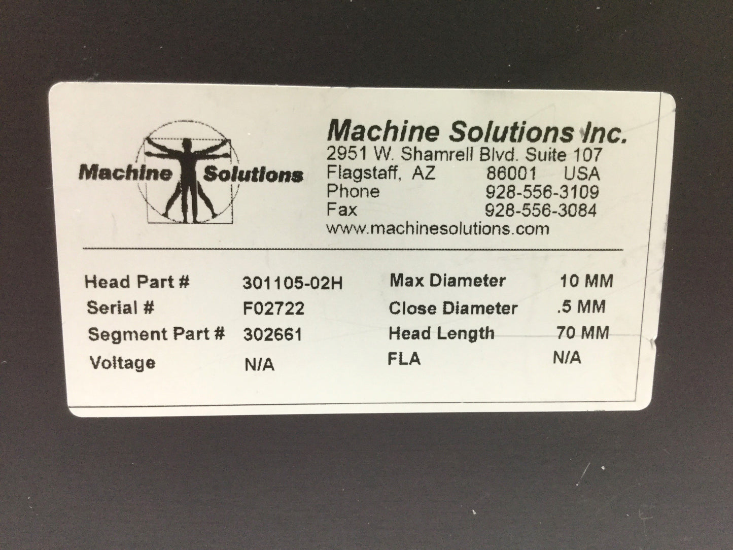 Used Machine Solutions 301105-02H Stent Crimper Head, 70mm Length, 0.5-10mm Diameter