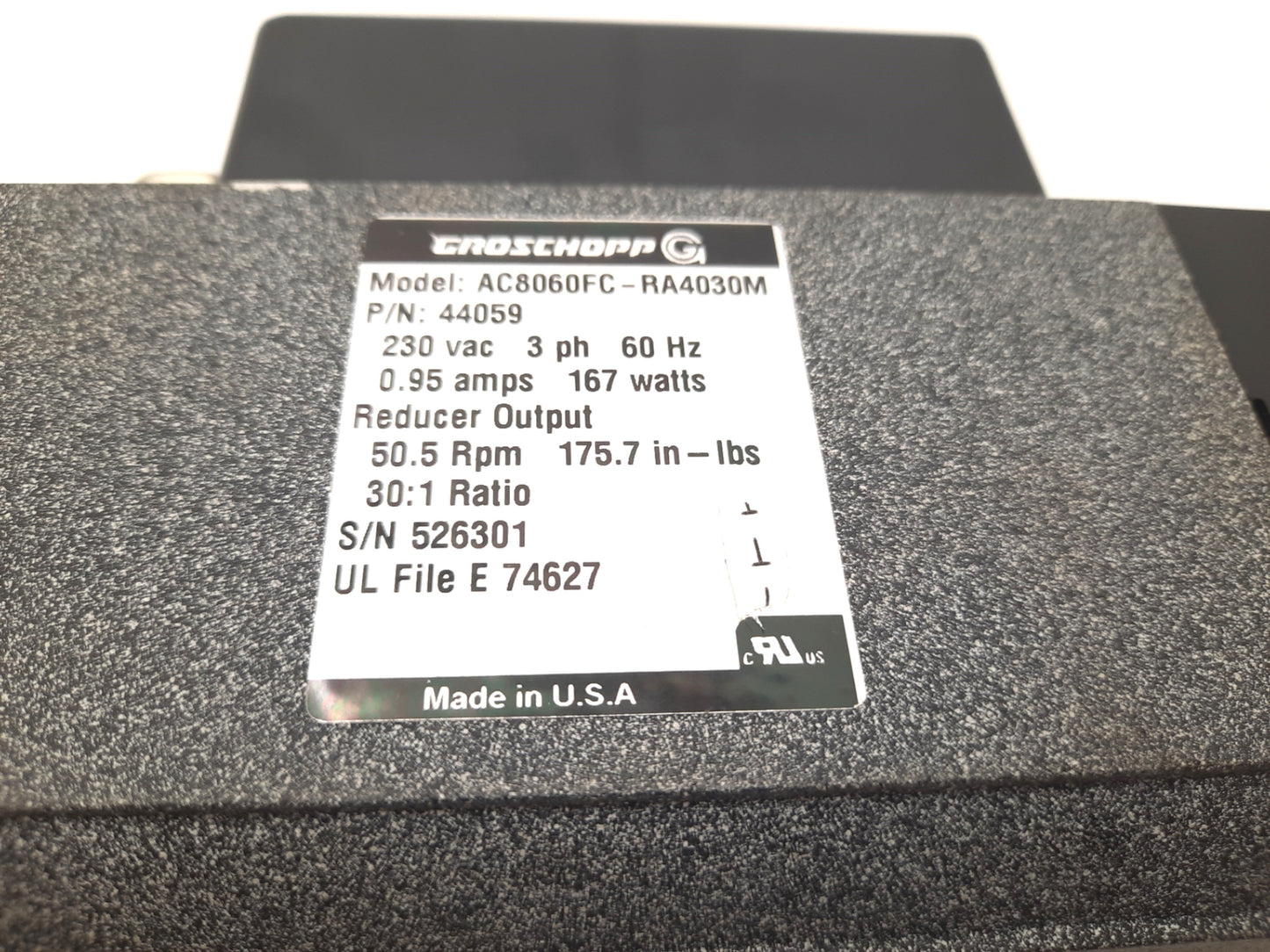 Used Groschopp AC8060FC-RA4030M Gearmotor 30:1 230VAC 3ph 175.7 in-lbs 50.5 RPM 3/4"