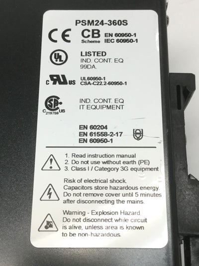 Used Rhino PSM24-360S (360W) Industrial Power Supply 100-240VAC Input, 24VDC 15A Out