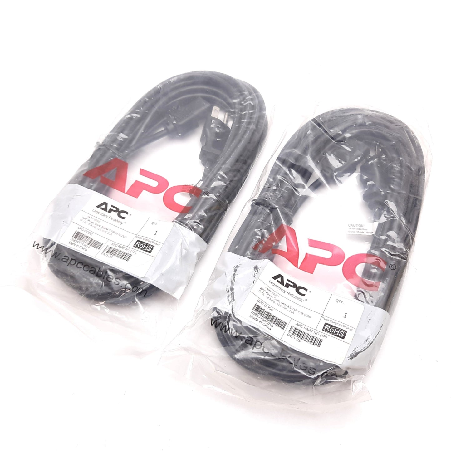 New Lot of 2 APC 0421-25 Power Cord, NEMA 5-15P to IEC320 C-13, 125V 10A, 25ft