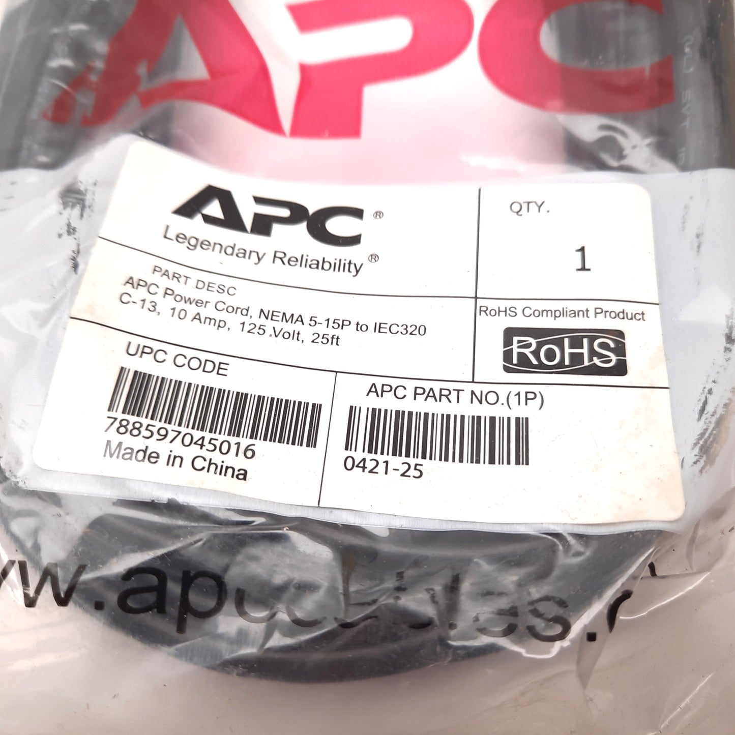 New Lot of 2 APC 0421-25 Power Cord, NEMA 5-15P to IEC320 C-13, 125V 10A, 25ft