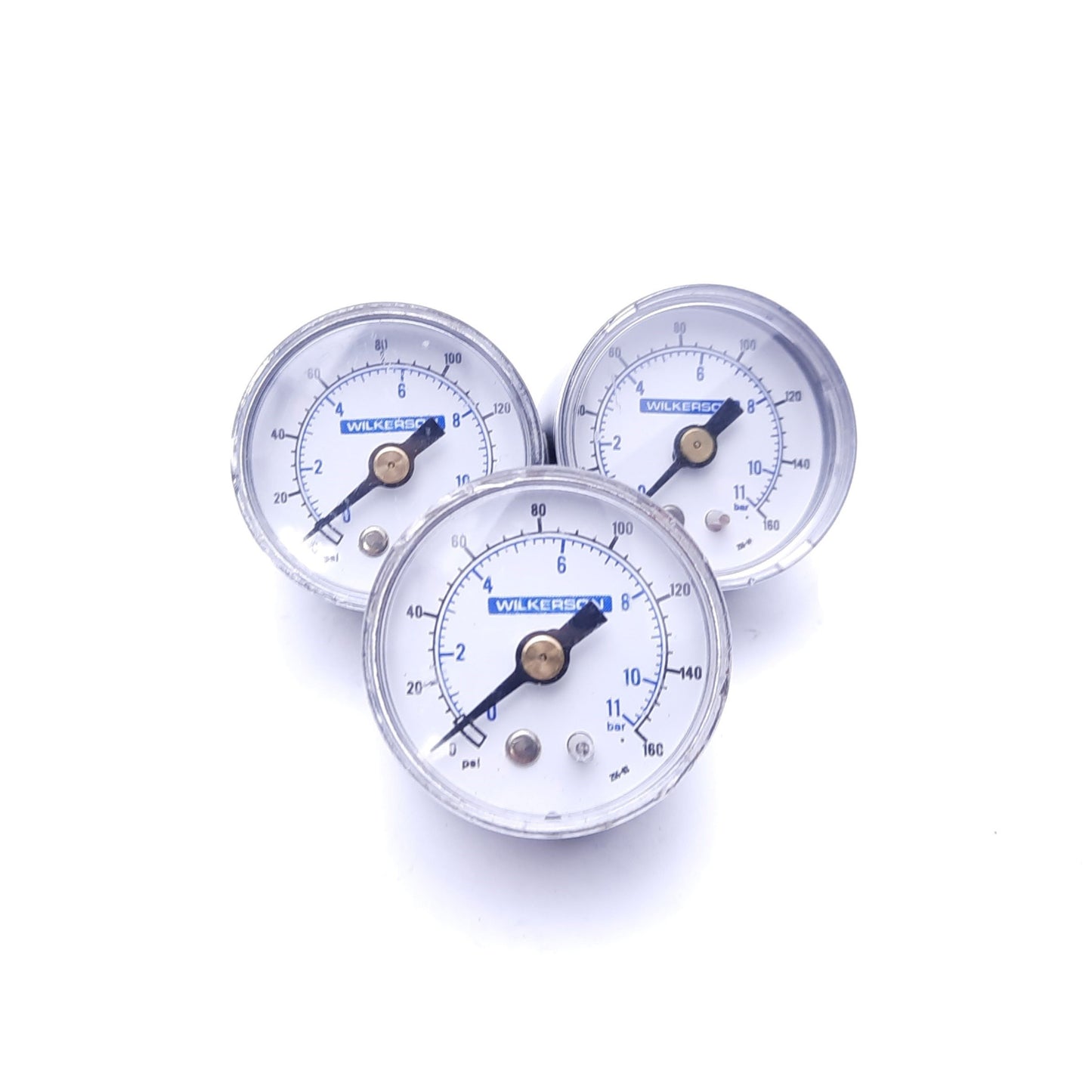 Used Lot of 3 Wilkerson 255-03 Pneumatic Pressure Gauges, 0-160 PSI, 1/8" NPT