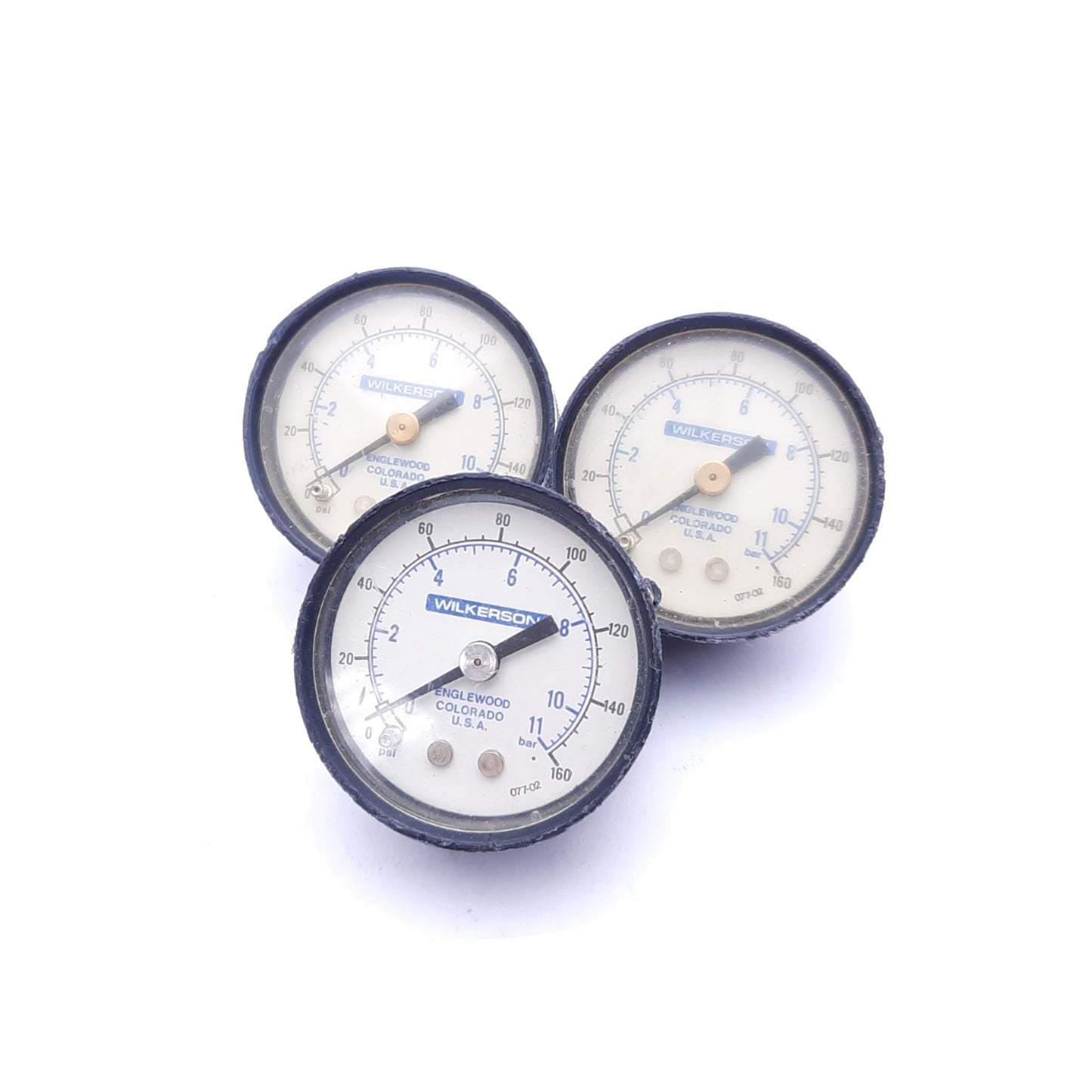 Used Lot of 3 Wilkerson 094-04 Pneumatic Pressure Gauges, 0-160 PSI, 1/8" NPT