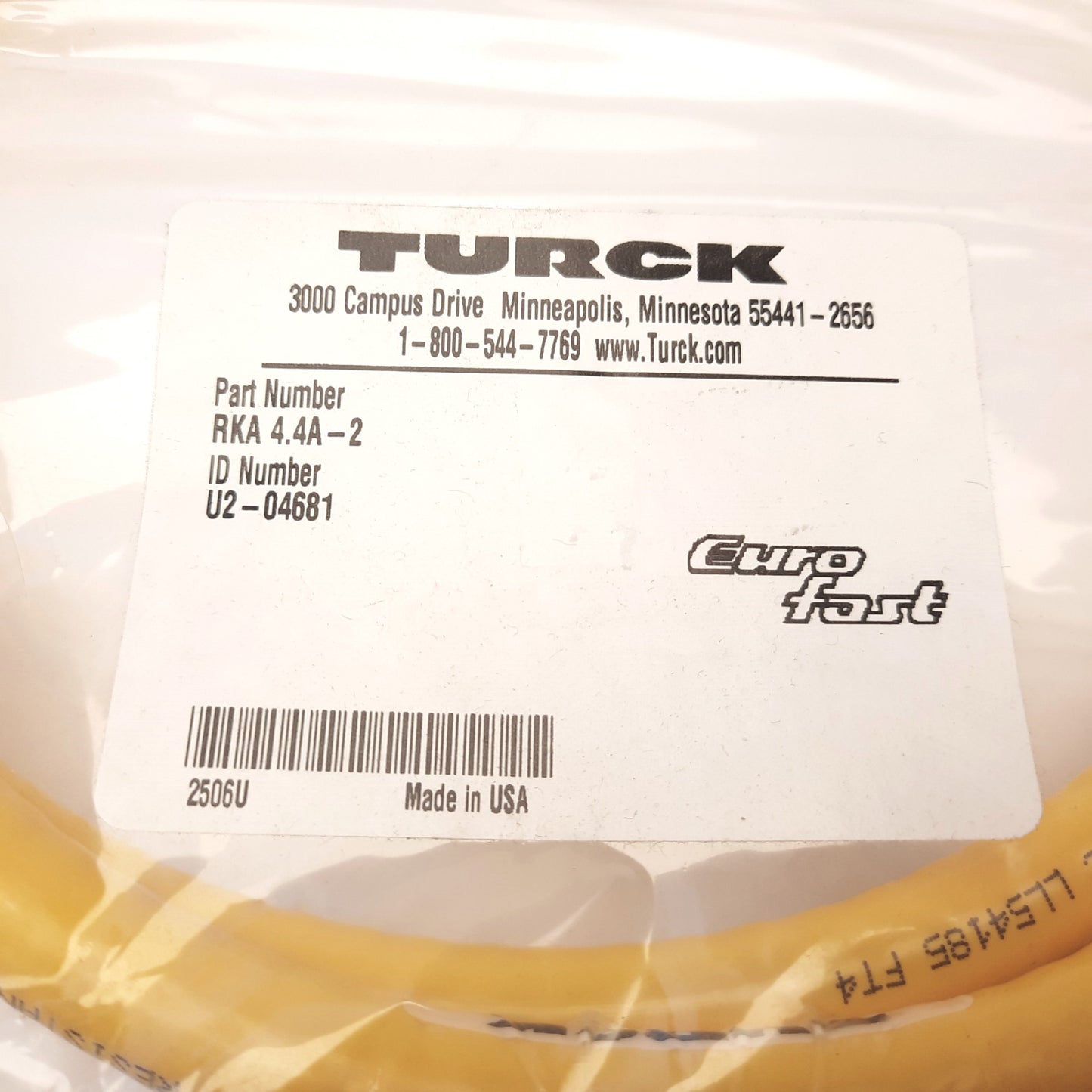 New Turck RKA4.4A-2 Eurofast Cordset Straight Female M12 Connector, 4-Pin Length: 2M