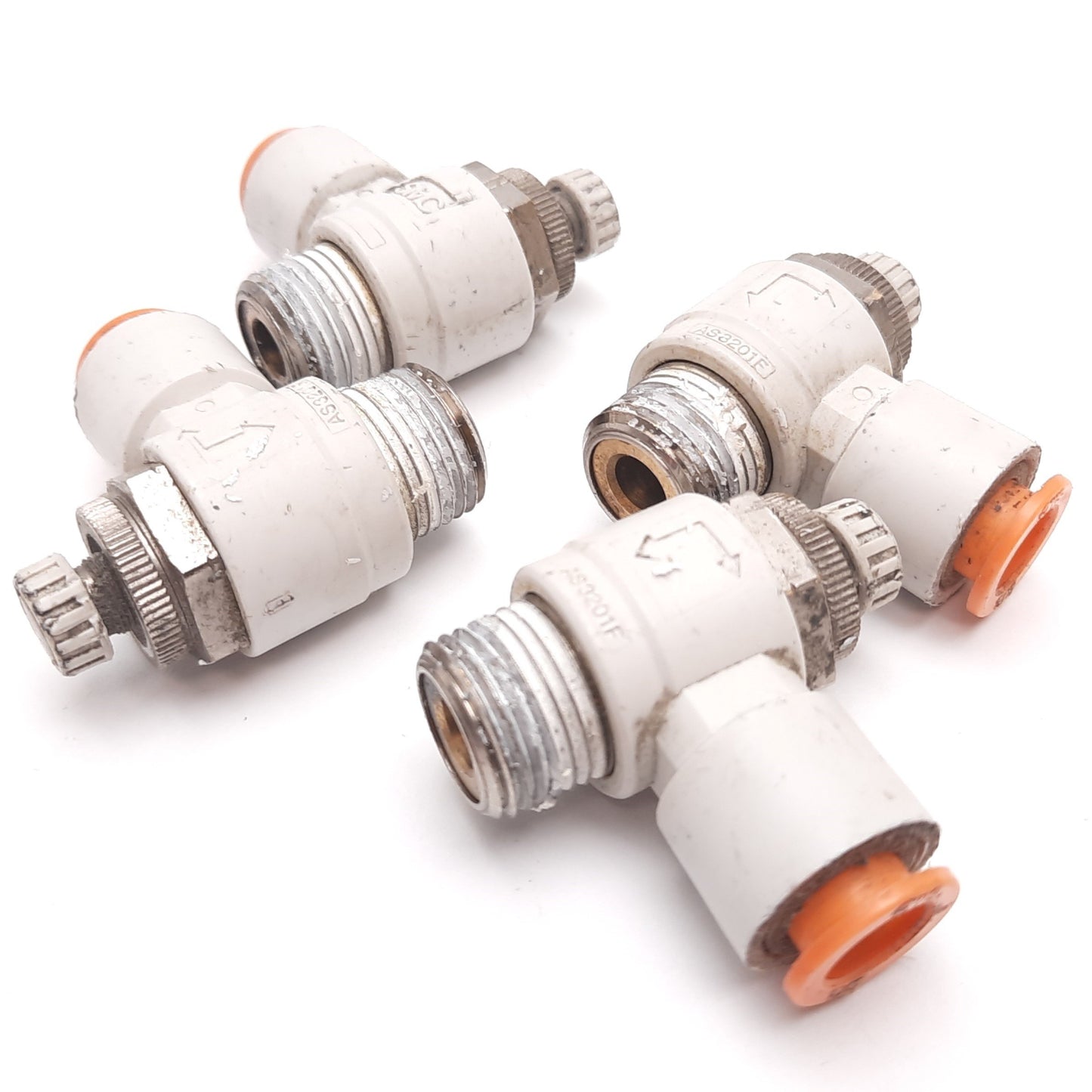 Used Lot of 4 SMC AS3201F Speed Controller Elbow Fitting, 3/8" NPT to 3/8" One-Touch