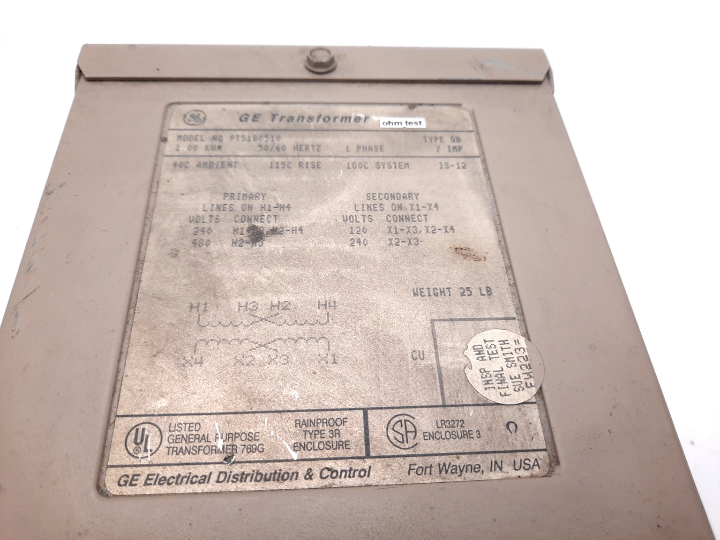 Used General Electric 9T51B0510 Transformer, 240/480VAC Primary, 120/240VAC Secondary