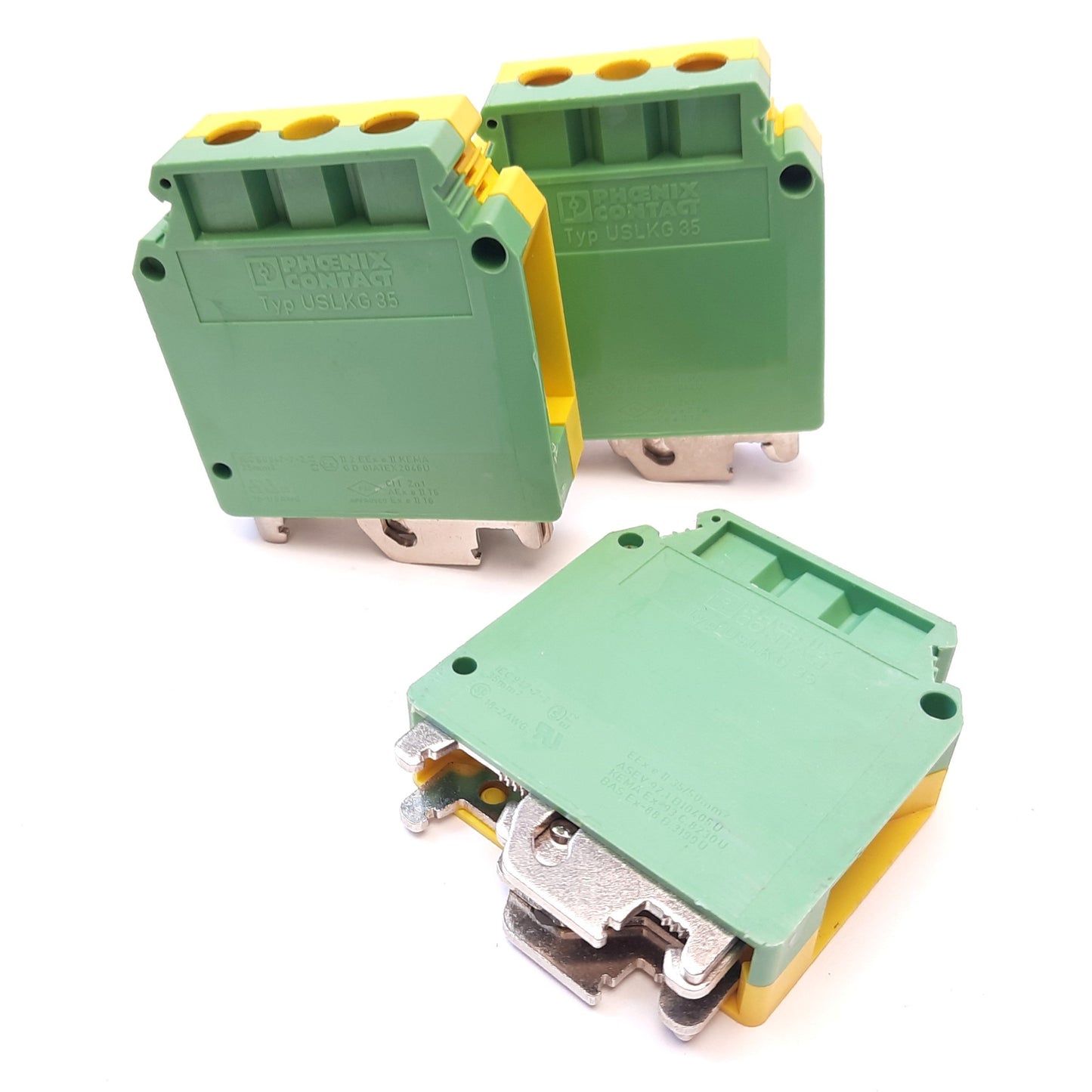 Used Lot of 3 Phoenix Contact Typ USLKG35 Yellow Green Terminal Blocks DIN Mount