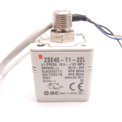 Used SMC ZSE40-T1-22L Vacuum Pressure Switch, 12-24VDC, 10 to -101.3kPa, 1/8" NPT