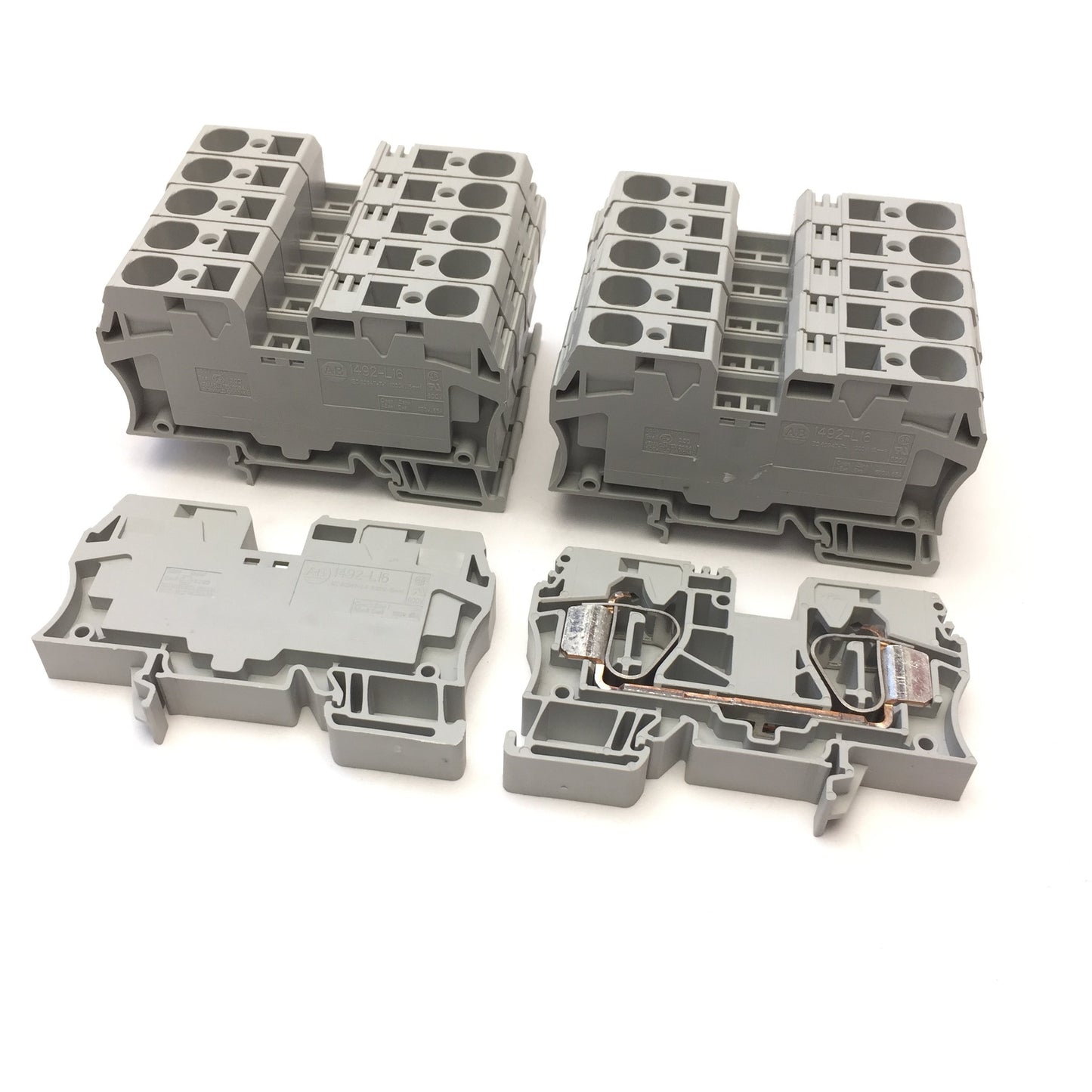 Used Lot of 12 Allen Bradley 1492-L16 Terminal Blocks, 600V AC/DC 65A, 14-4 AWG, Gray