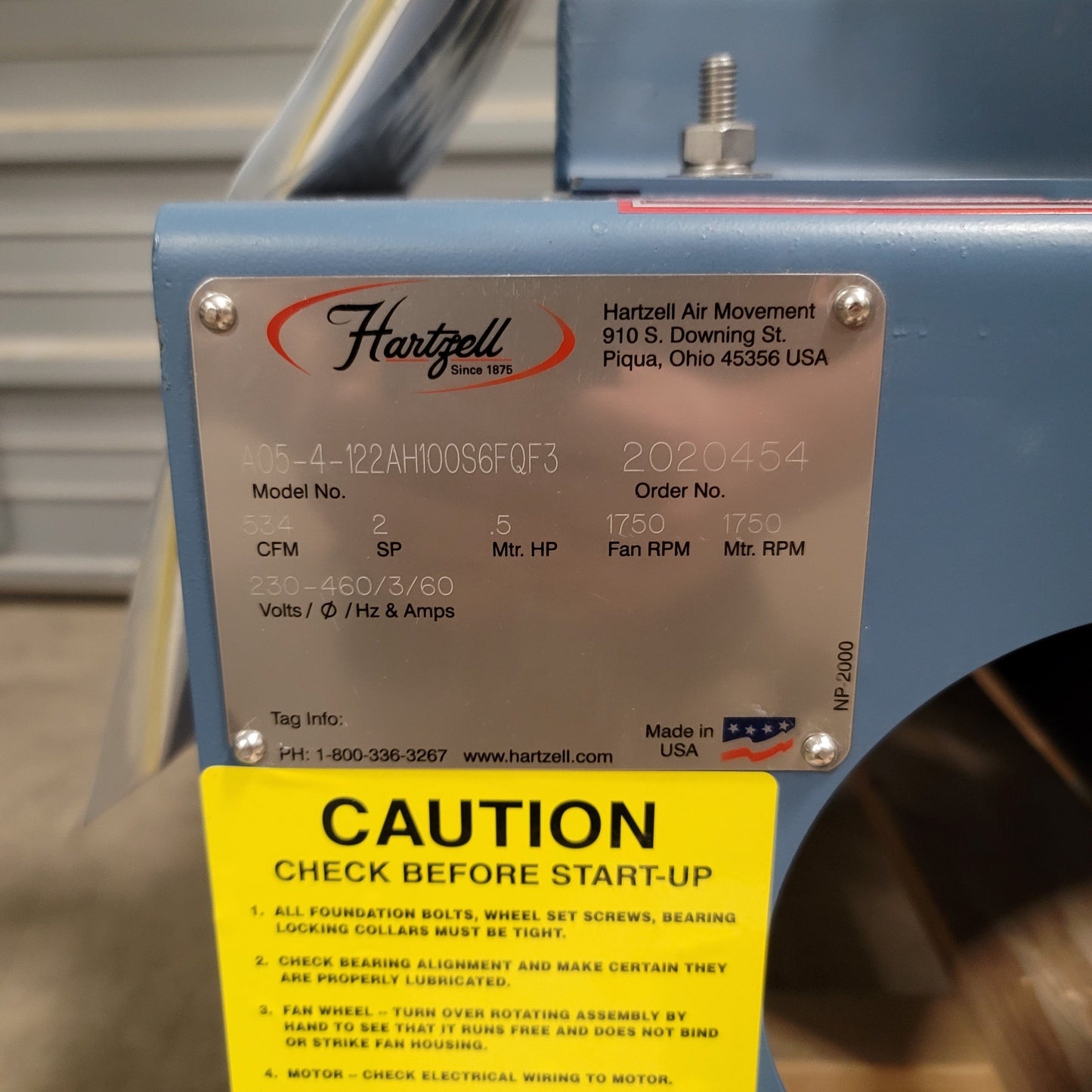 New Hartzell A05-4-122AH100S6FQF3 Pressure Blower, 230-460VAC, 3-Phase, 60Hz, 534CFM