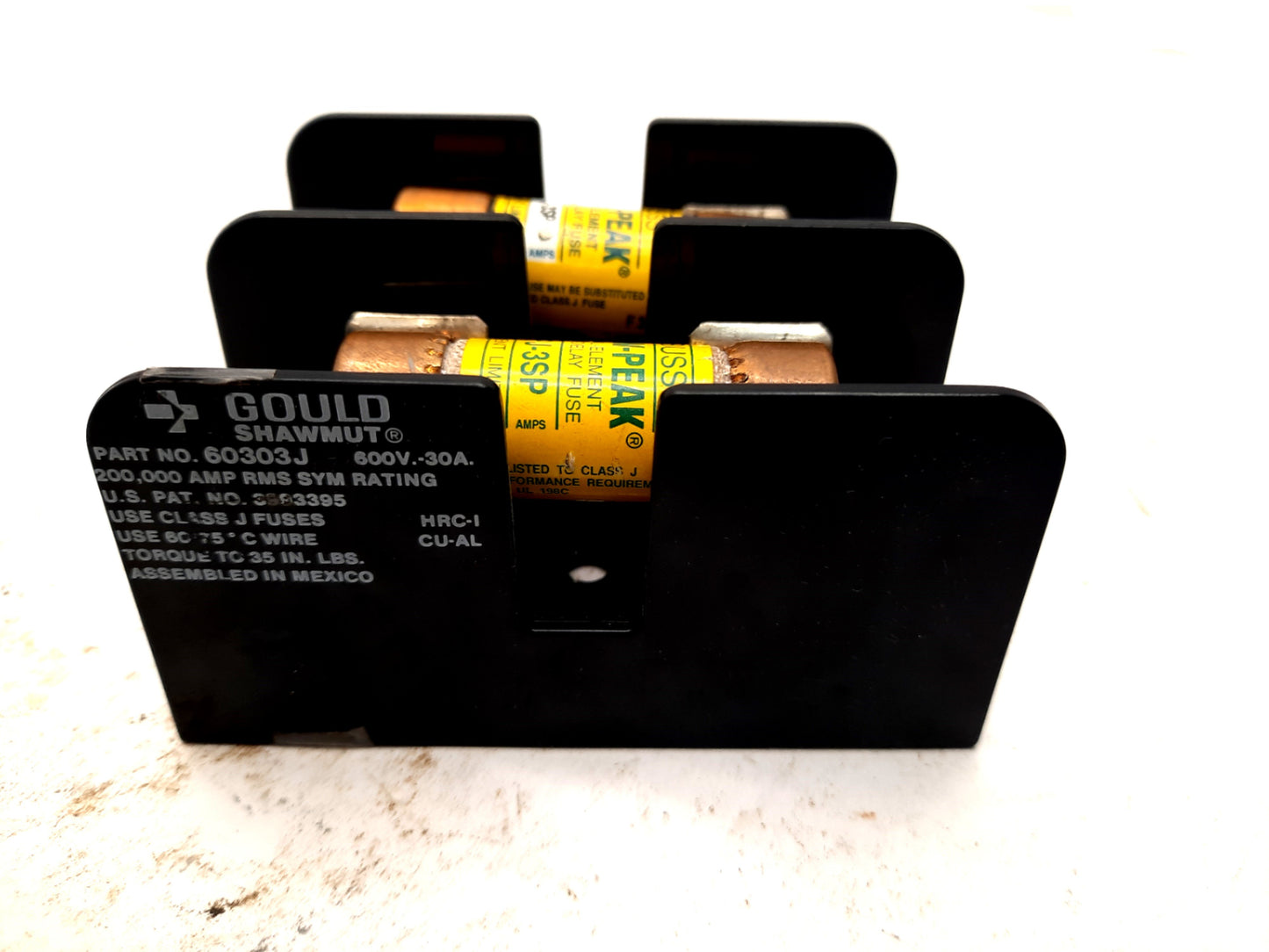 Used Gould Shawmut 60303J Fuse Holder Block 30A 600V, LPJ-3SP 3A Time Delay