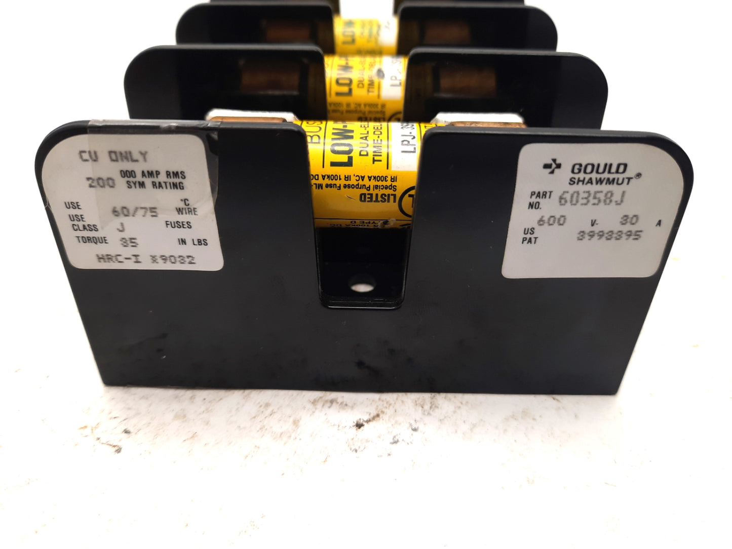 Used Gould Shawmut 60358J Fuse Holder Block 30A 600V, LPJ-3SP 3A Time Delay