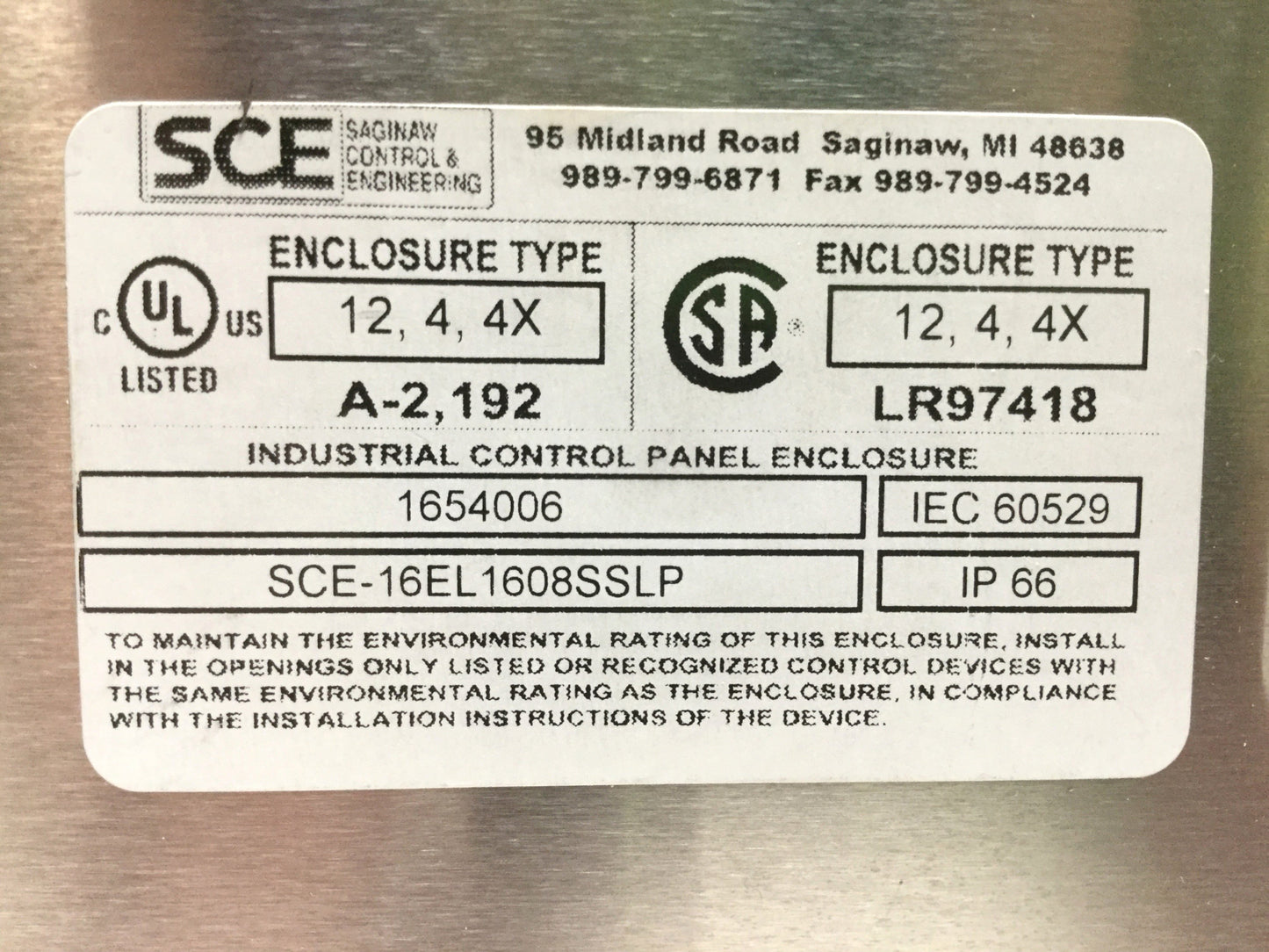 Used Saginaw SCE-16EL1608SSLP Stainless Steel Enclosure Cabinet Box 16" x 16" x 8"