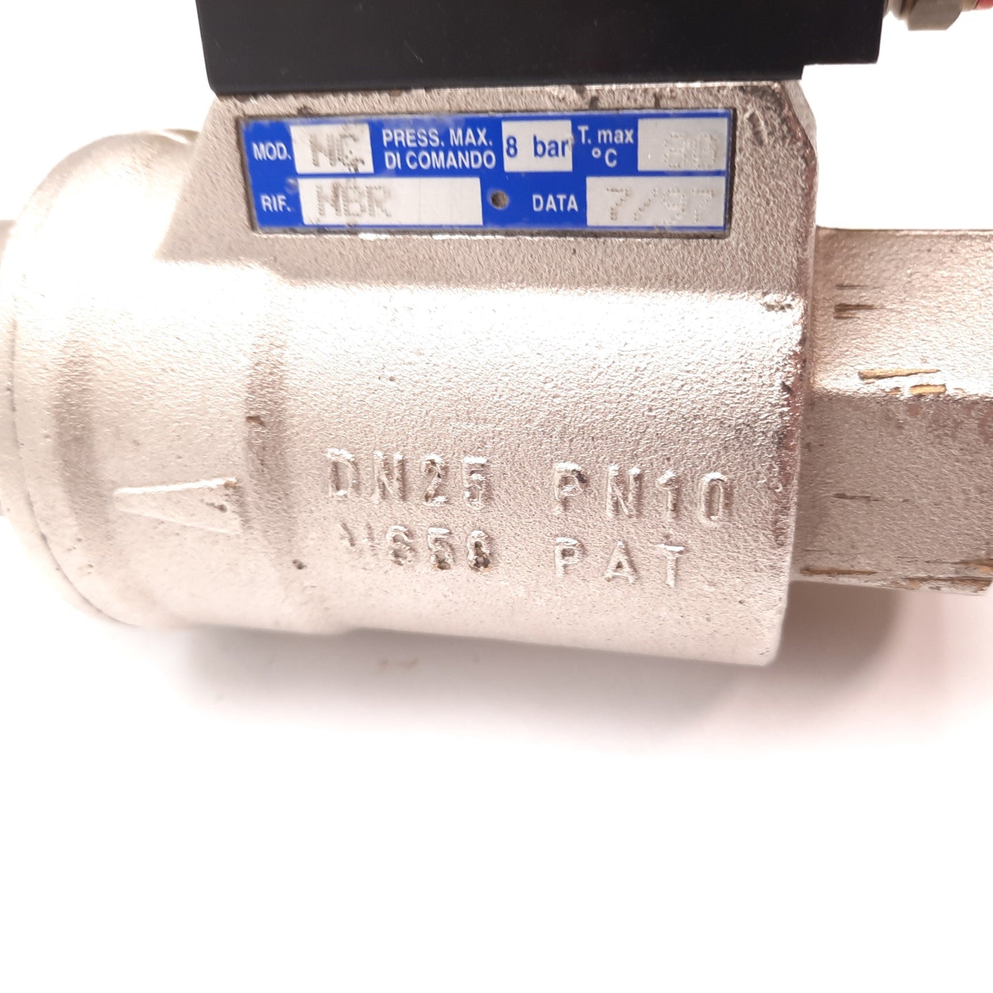 Used Omal VNC10006 Pneumatic NC Axial Flow Valve, 1" DN25, 8 bar Max, With Solenoid