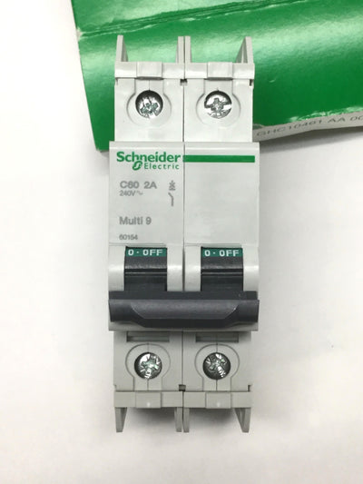 New Schneider Electric 60154 MULTI 9 C60 Circuit Breaker, 2-Pole, 2A D-Curve, 240VAC