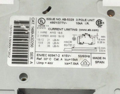 Used Allen-Bradley 1489-A3D250 Circuit Breaker D-Curve, 25A, 3-Pole, 480Y/277VAC