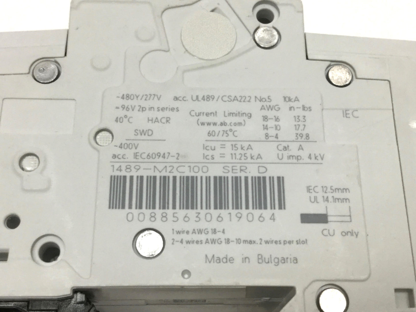 Used Allen Bradley 1489-M2C100 Circuit Breaker, 2-Pole, C-Curve, 480Y/277VAC 10A