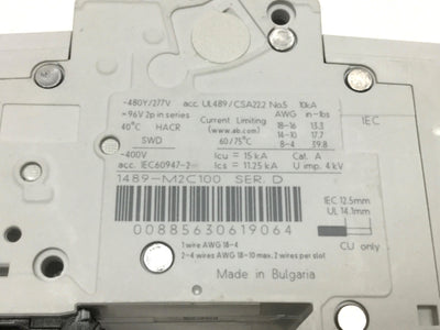 Used Allen Bradley 1489-M2C100 Circuit Breaker, 2-Pole, C-Curve, 480Y/277VAC 10A