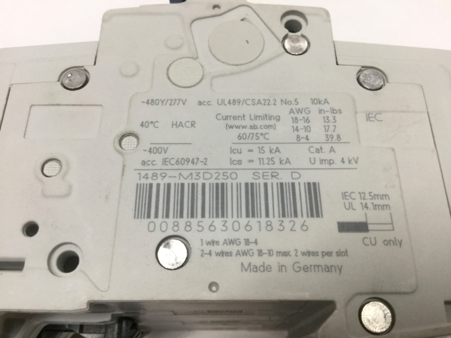 Used Allen Bradley 1489-M3D250 Circuit Breaker, 3-Pole, D-Curve, 25A 480Y/277VAC