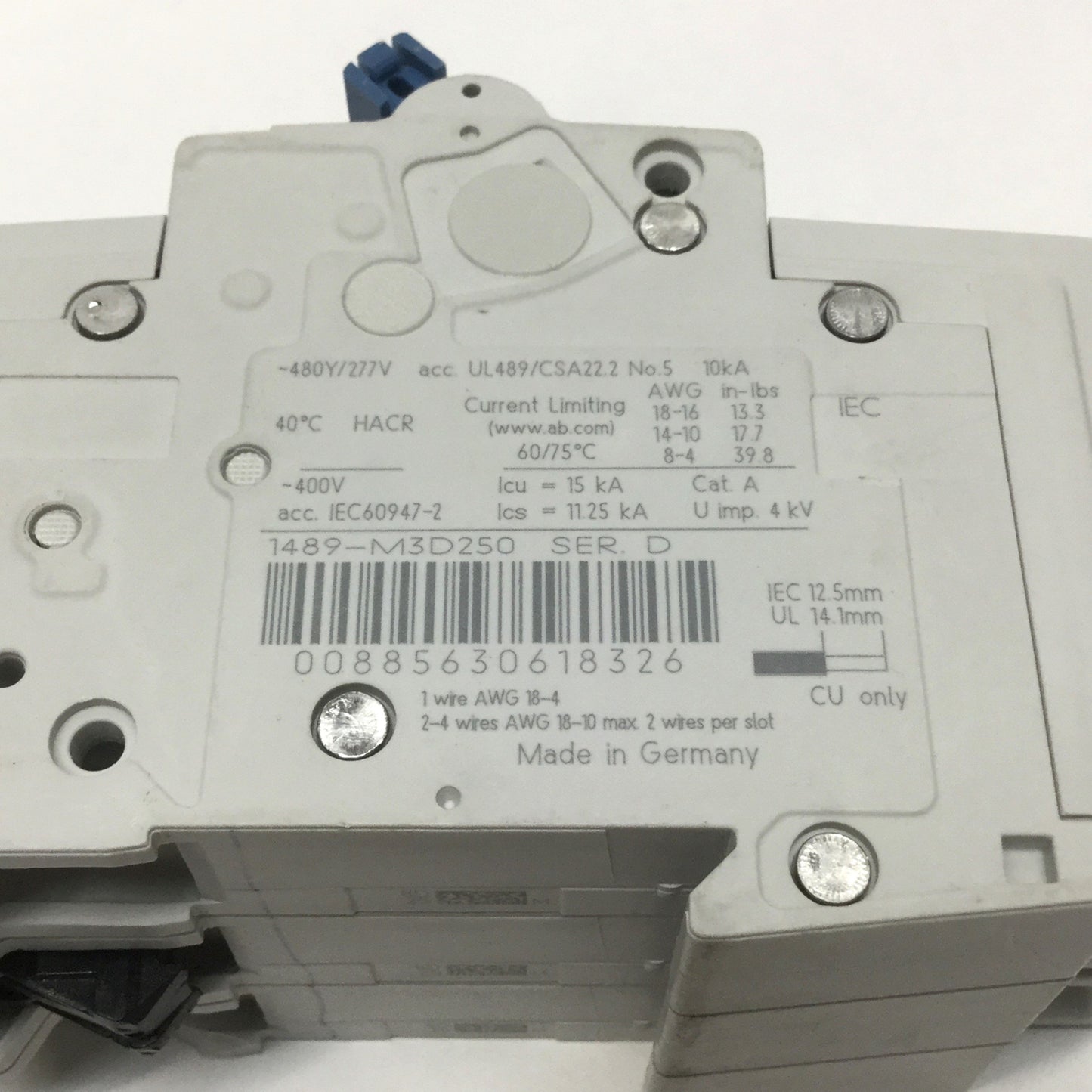 Used Allen Bradley 1489-M3D250 Circuit Breaker, 3-Pole, D-Curve, 25A 480Y/277VAC