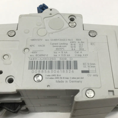 Used Allen Bradley 1489-M3D250 Circuit Breaker, 3-Pole, D-Curve, 25A 480Y/277VAC
