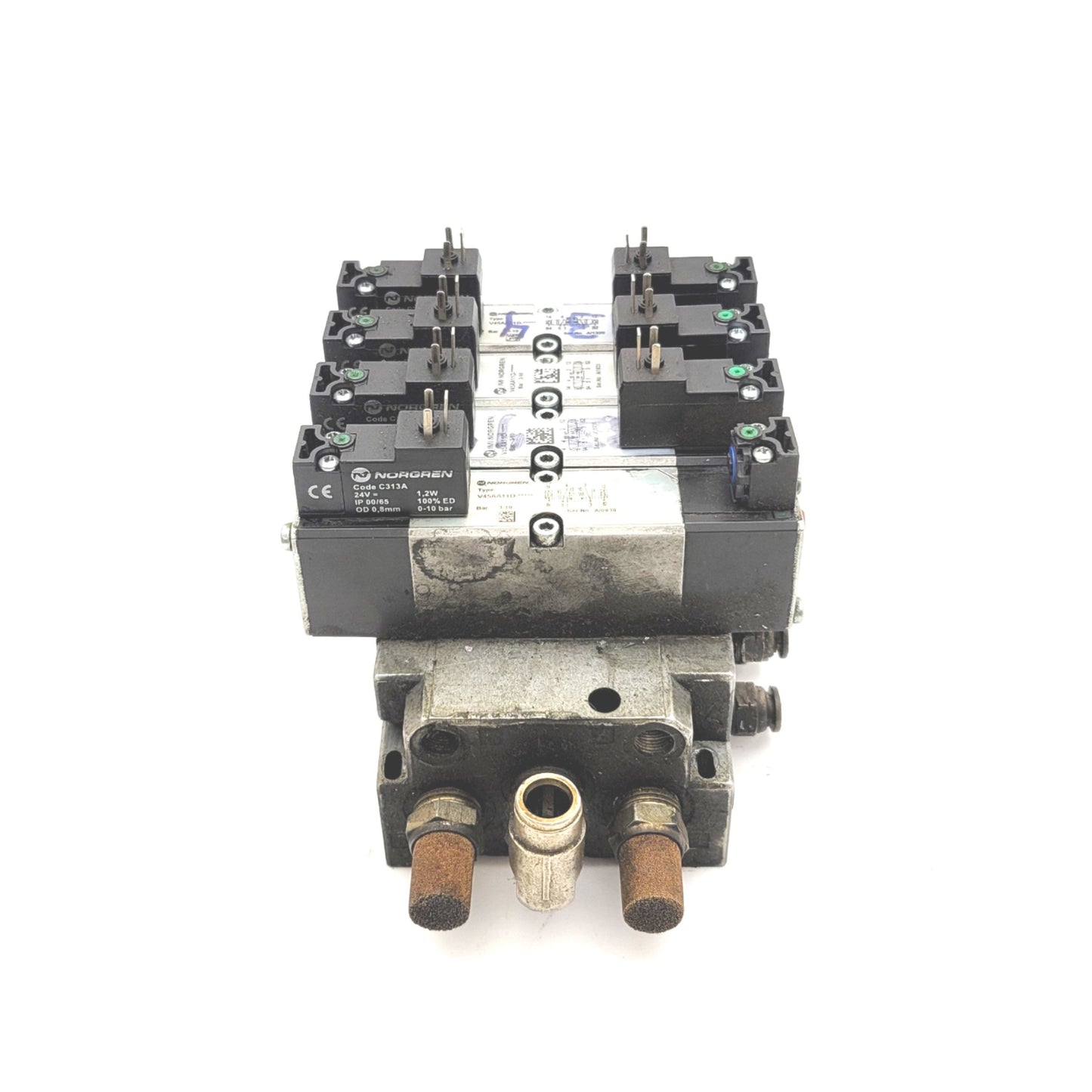 Used Bank Of 4 Norgren V45AA11D-C313A Valves On A Manifold 24VDC, 2x 3-Way 2-Position