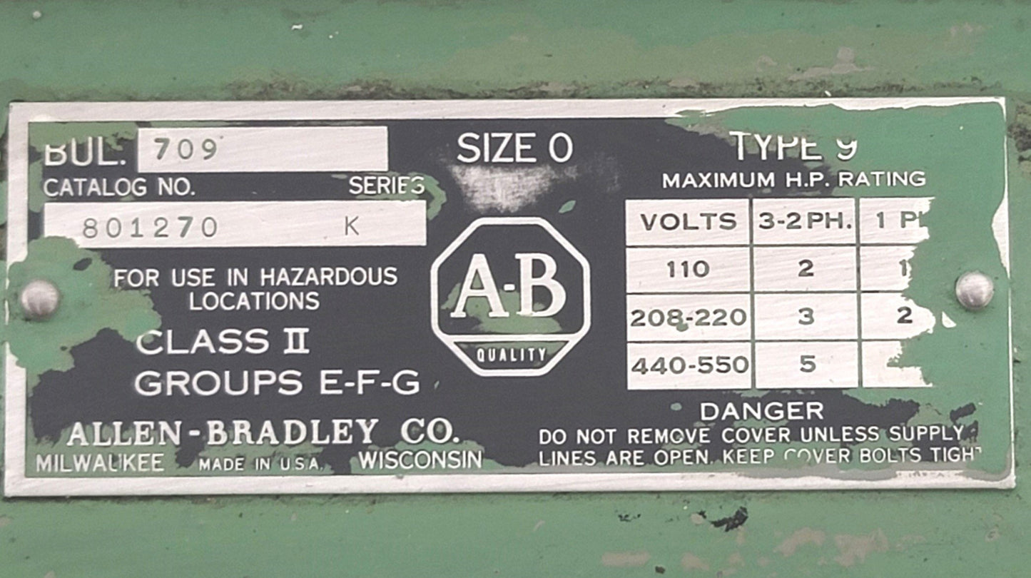 Used Allen Bradley 709-801270 Non-Reversing Starter In Hazardous Location Enclosure