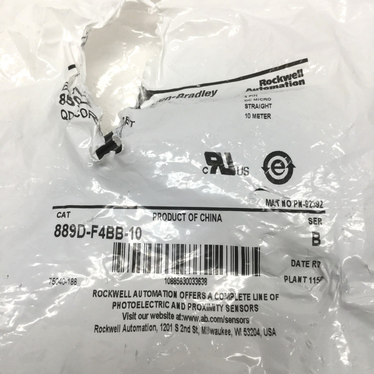 New – Open box Allen Bradley 889D-F4BB-10 Quick Disconnect Cordset Sensor Cable, 4-Pin DC Micro