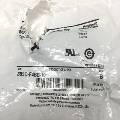New – Open box Allen Bradley 889D-F4BB-10 Quick Disconnect Cordset Sensor Cable, 4-Pin DC Micro