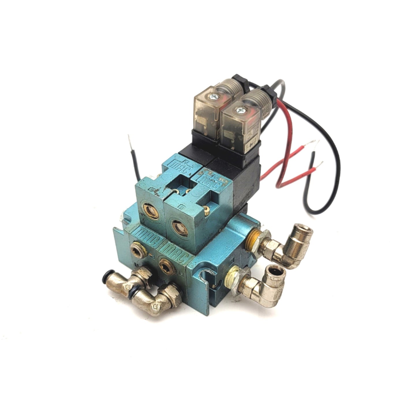 Used Lot Of 2 MAC 45A-LAC-DDAJ-1KG Solenoid Valves On Manifold 24VDC, 1/8"NPTF Base
