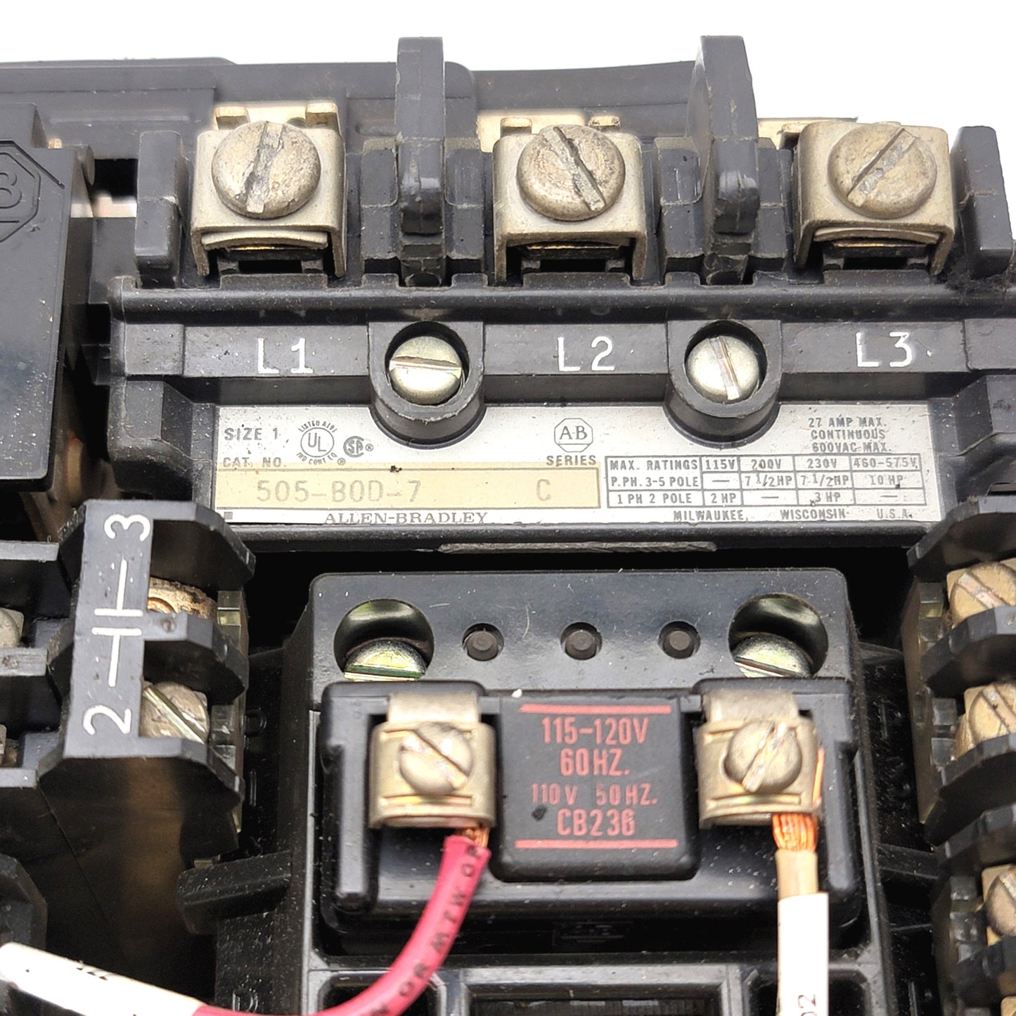 Used Allen Bradley 505-BOD-7 Reversing Motor Starter NEMA Size 1, 600VAC, 3-Pole, 27A