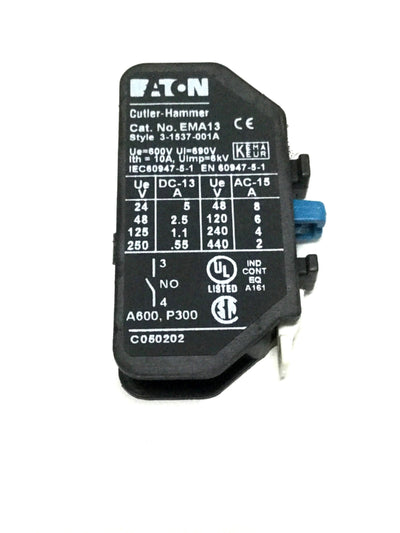 Used Eaton Cutler Hammer EMA13 Auxiliary Contact Block 600V 10A 6kV NO Normally Open