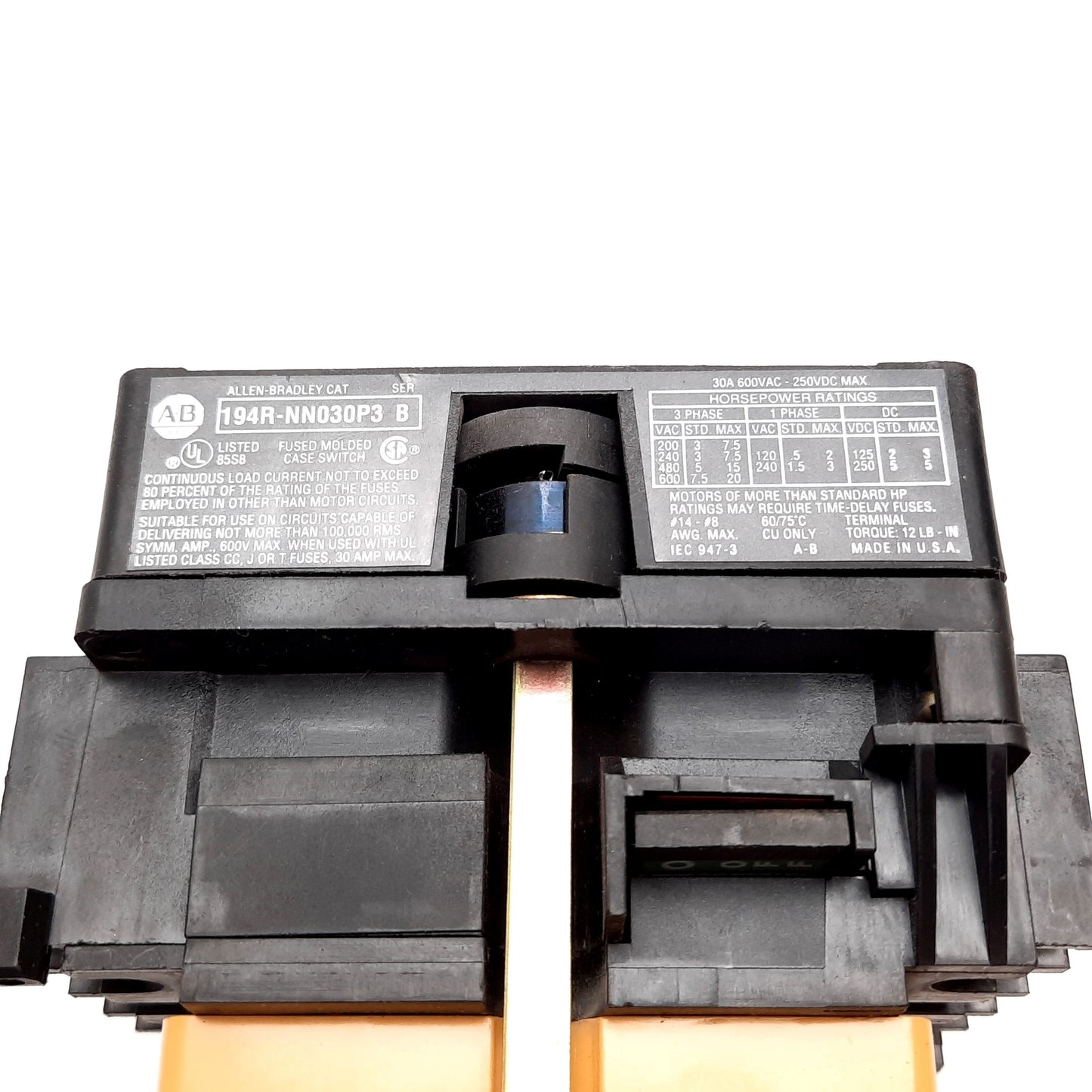 Used Allen Bradley 194R-NN030P3 Disconnect Switch, 3-Pole Rating: 30A 250VDC 600VAC