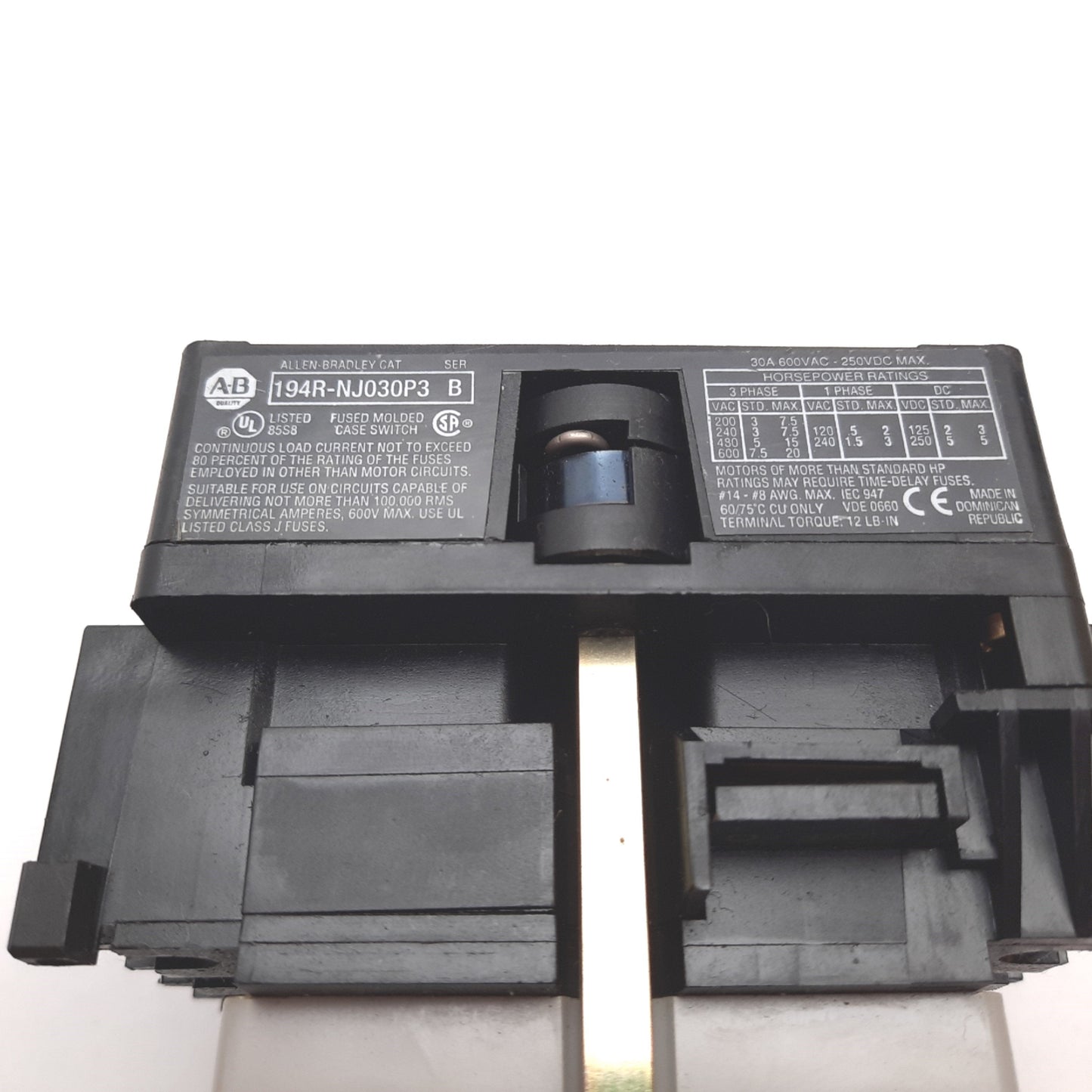 Used Allen Bradley 194R-NJ030P3 Ser B Disconnect Switch, 3-Pole, 30A, 250VDC, 600VAC