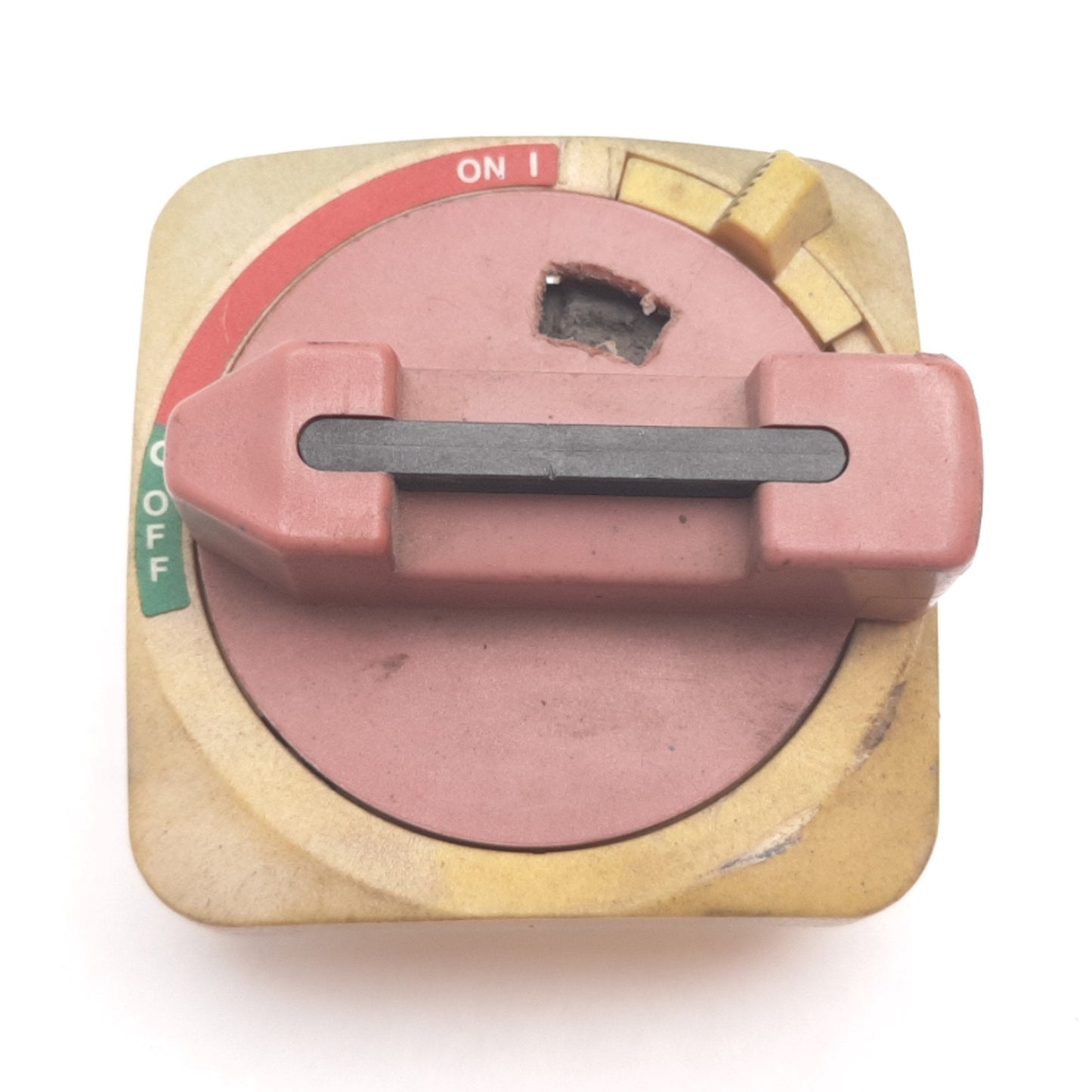 For parts or not working Allen Bradley 194R-HS4E Disconnect Switch Handle, Red/Yellow, 90°, *Damaged/Wear