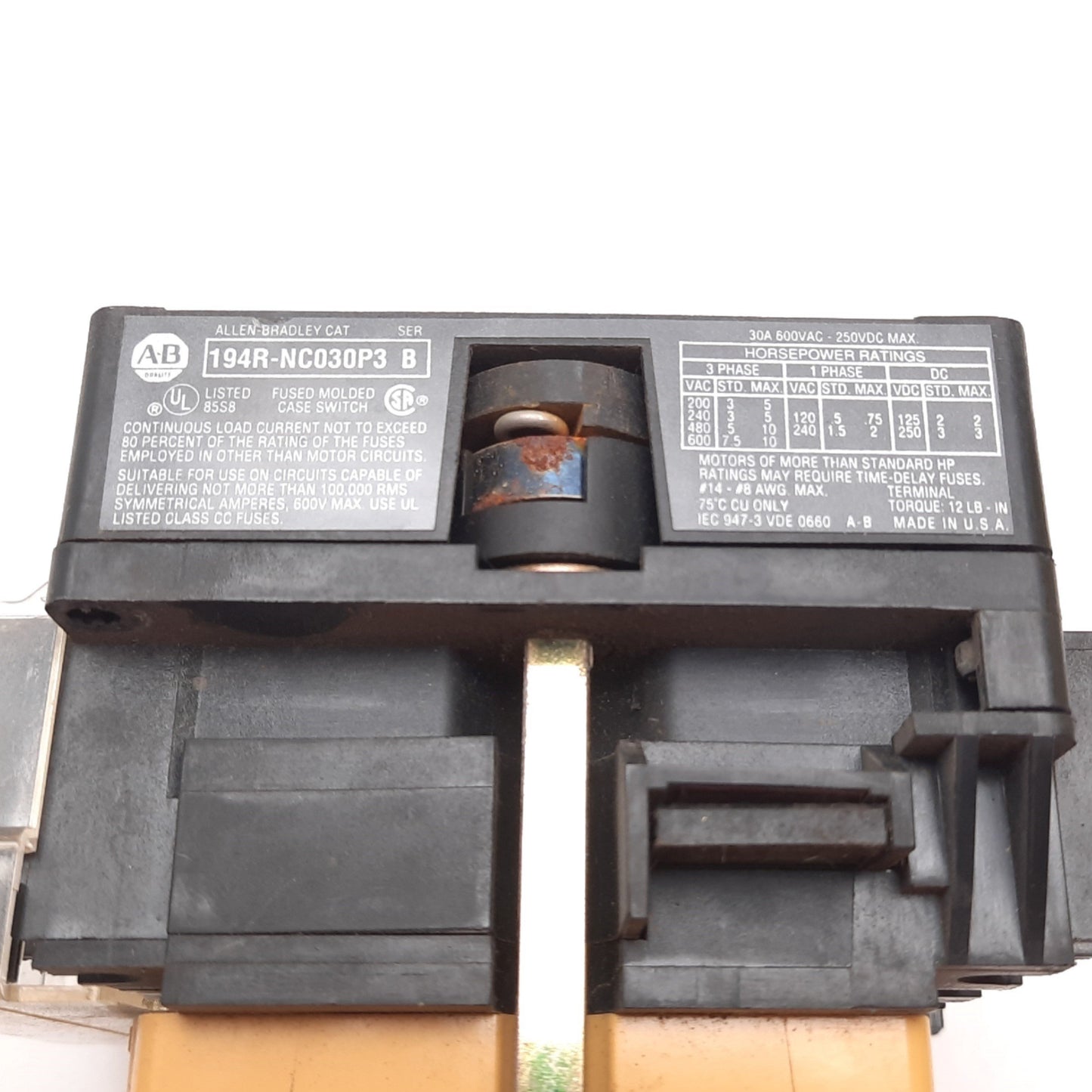 Used Allen Bradley 194R-NC030P3 Ser B Disconnect Switch, 3-Pole, 30A, 250VDC, 600VAC