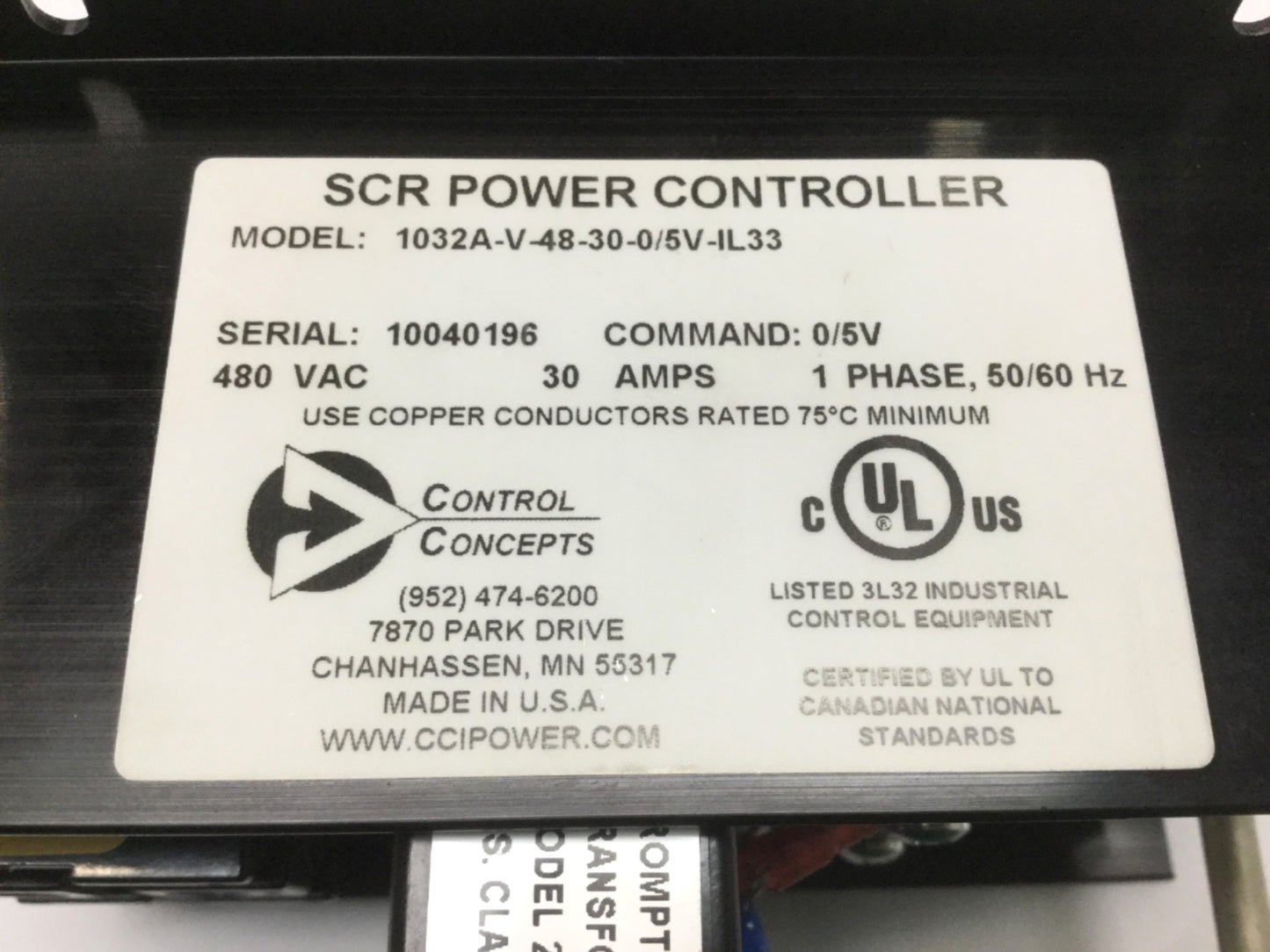 Used Control Concepts 1032A-V-48-30-0/5V-IL33 SCR Power Controller, 480VAC, 30A, 0-5V