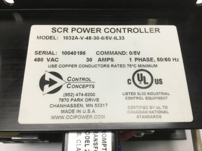 Used Control Concepts 1032A-V-48-30-0/5V-IL33 SCR Power Controller, 480VAC, 30A, 0-5V