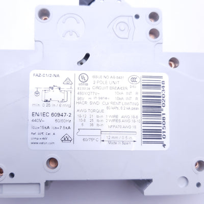Used Eaton FAZ-C1/2-NA Circuit Breaker, 50/60Hz, 2 Pole Unit, 48VDC/480VAC 1A