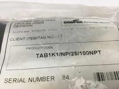 New Cooper Crouse Hinds TAB1K1/NP/25/100NPT Hazardous Location Cable Gland 1" NPT