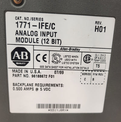 Used Allen Bradley 1771-IFE Series C Rev. H01 Analog Input Module 12 BIT .500A @ 5VDC