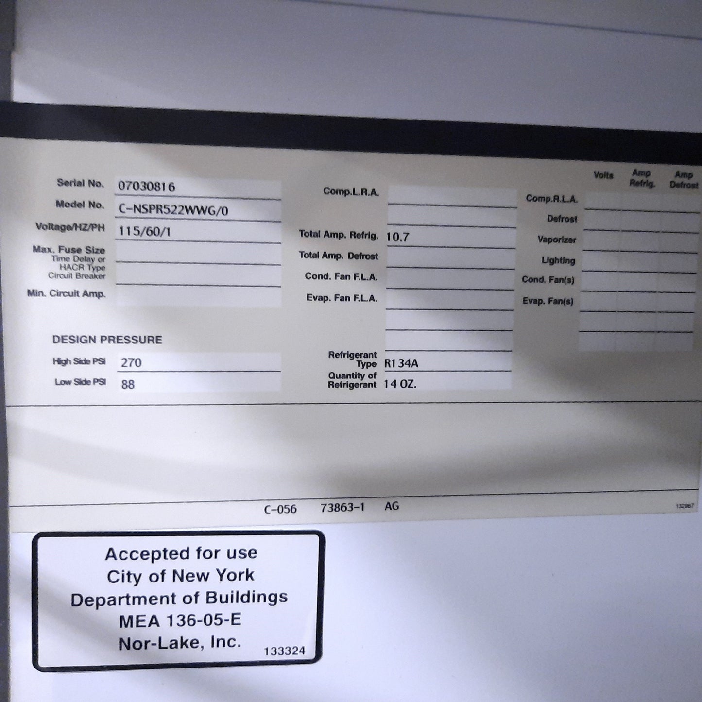 Used Nor-Lake Scientific C-NSPR522WWG/0 Double Door Lab Refrigerator W/ Keys For Lock