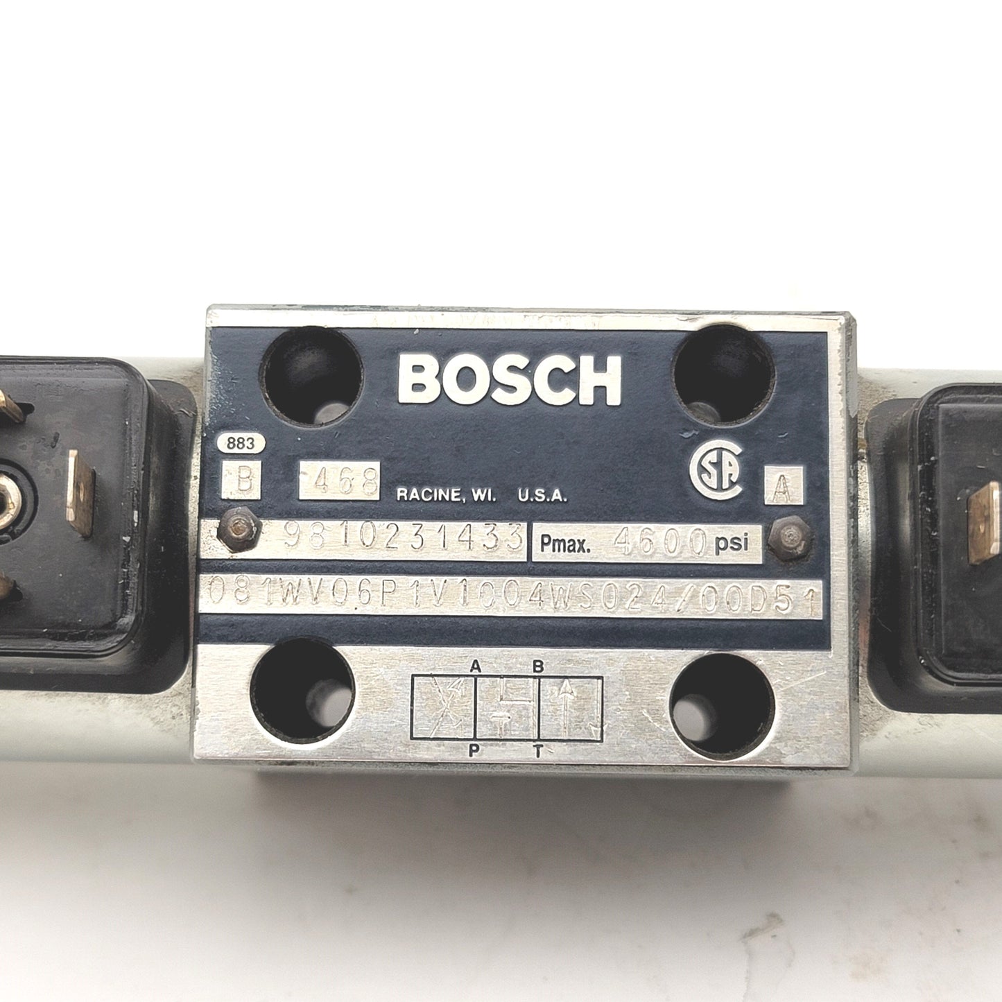 Used Bosch Rexroth 9810231433 Directional Control Valve 4,600psi Max, 24VDC
