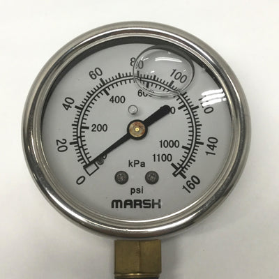 New – Open box Marsh J76 Liquid-Filled Pressure Gauge, Ø2.5", 1/4" NPT Bottom Brass 0-160psi