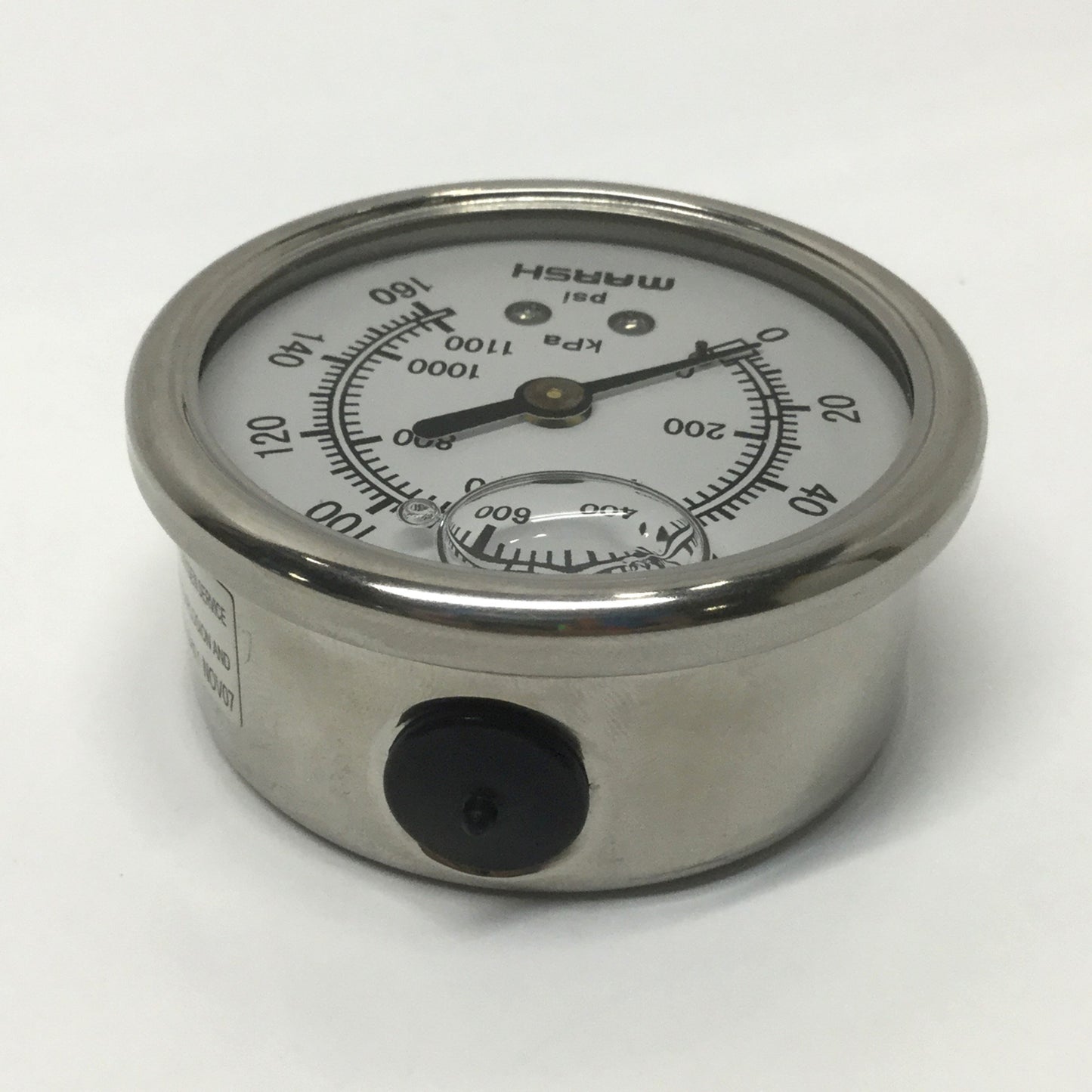 New – Open box Marsh J76 Liquid-Filled Pressure Gauge, Ø2.5", 1/4" NPT Bottom Brass 0-160psi