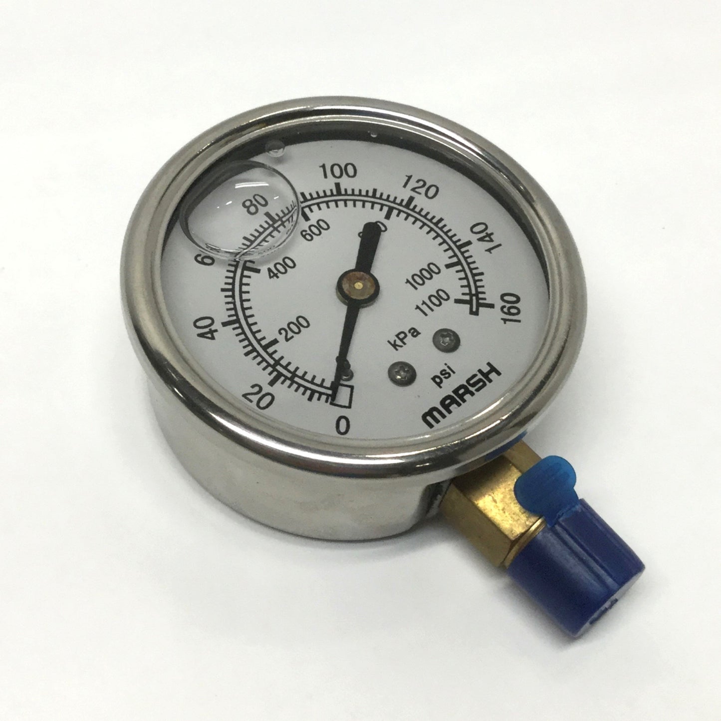 New – Open box Marsh J76 Liquid-Filled Pressure Gauge, Ø2.5", 1/4" NPT Bottom Brass 0-160psi