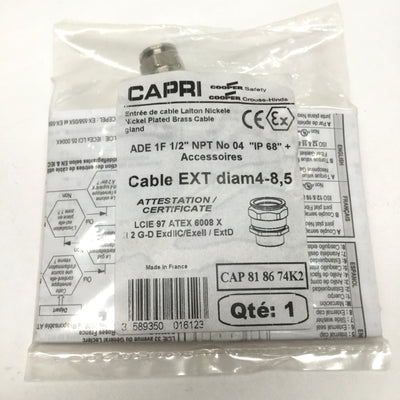 New Capri Crouse Hinds ADE 1F No 4 Hazardous Location Cable Gland 1/2" NPT, 4-8.5mm