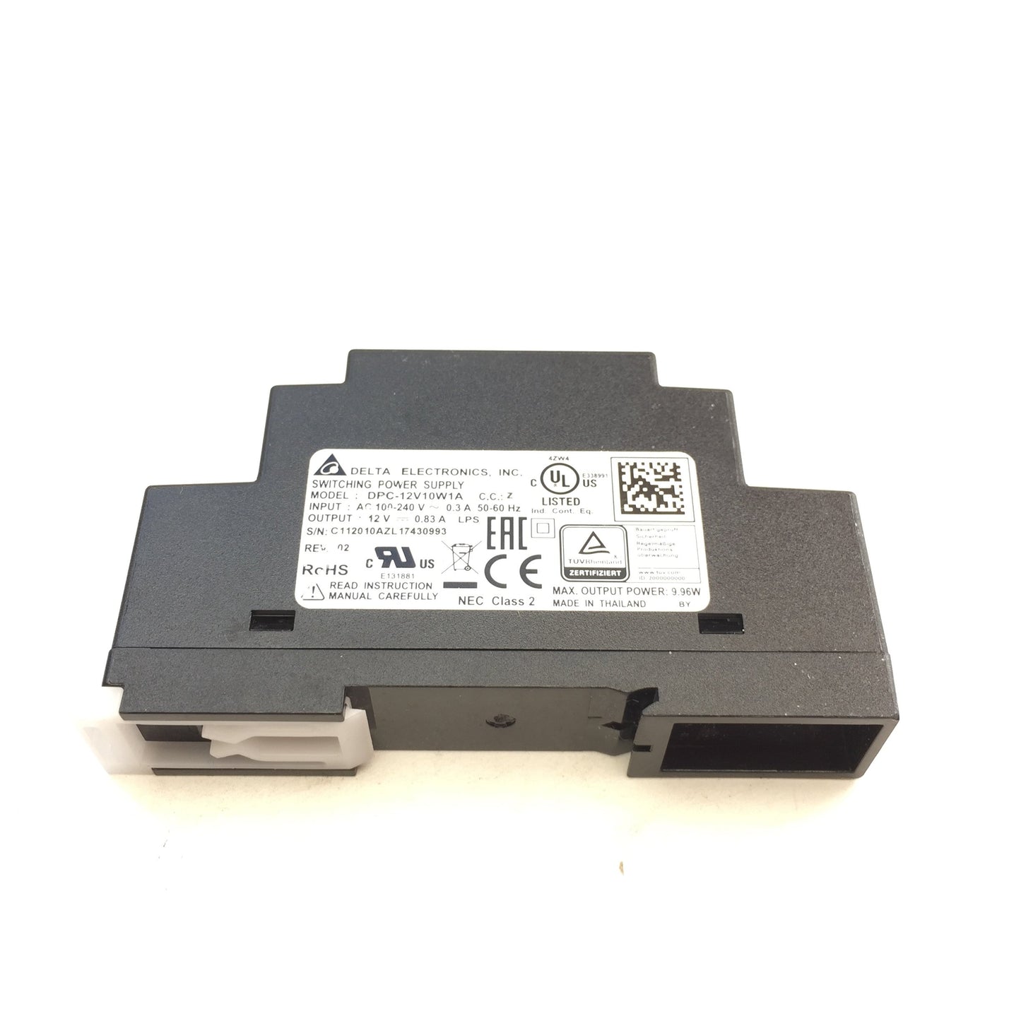 Used Delta DRC-12V10W1A Switching Power Supply, In: 100-240VAC 0.3A, Out: 12VDC 0.83A