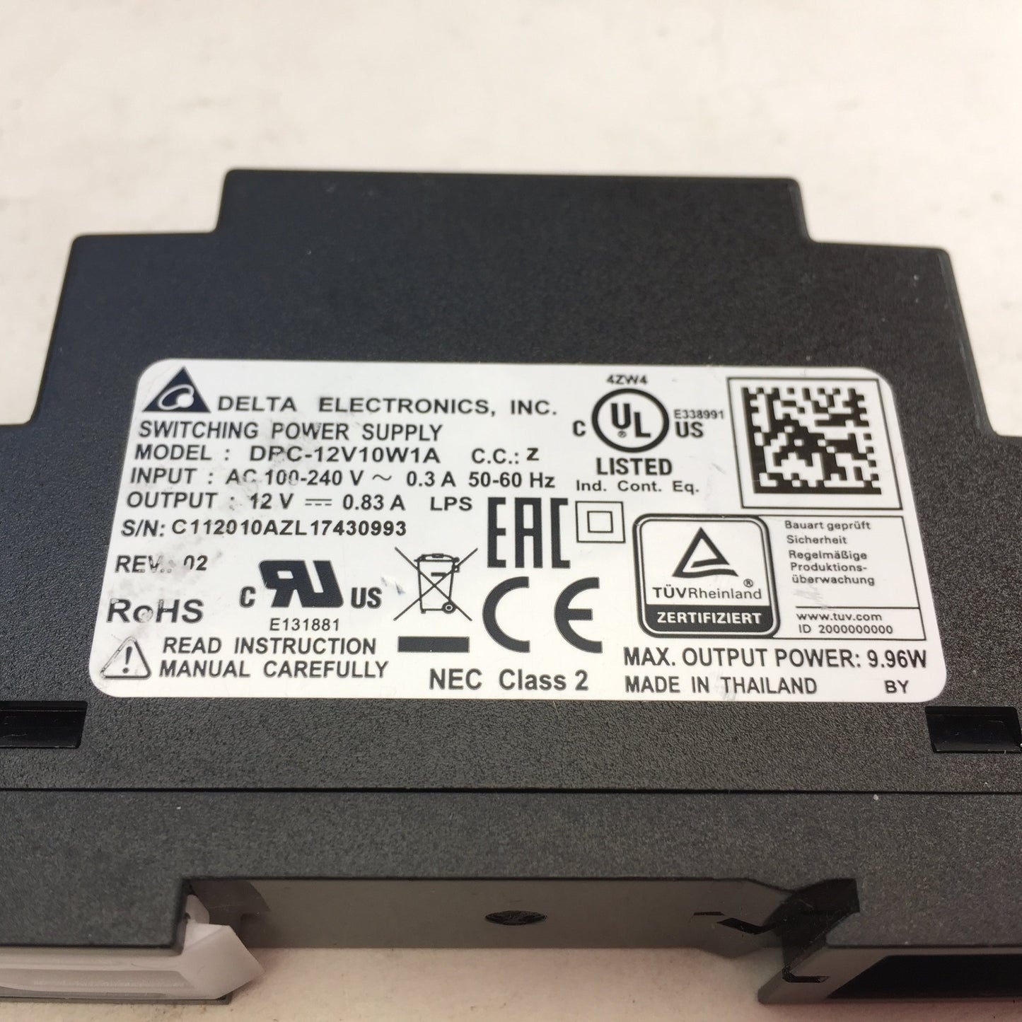 Used Delta DRC-12V10W1A Switching Power Supply, In: 100-240VAC 0.3A, Out: 12VDC 0.83A
